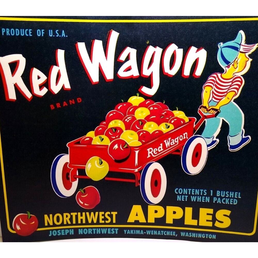 Red Wagon Apple Fruit Crate Label Boy Carts Red & Gold Bushel 1940's Vintage